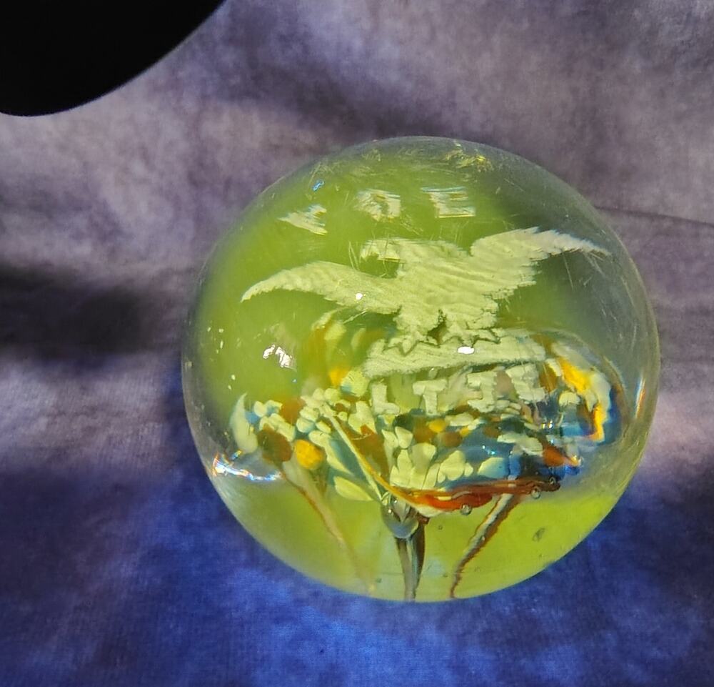 Antique Vintage Fraternal Order Of Eagles Uranium Glow Glass Paperweight